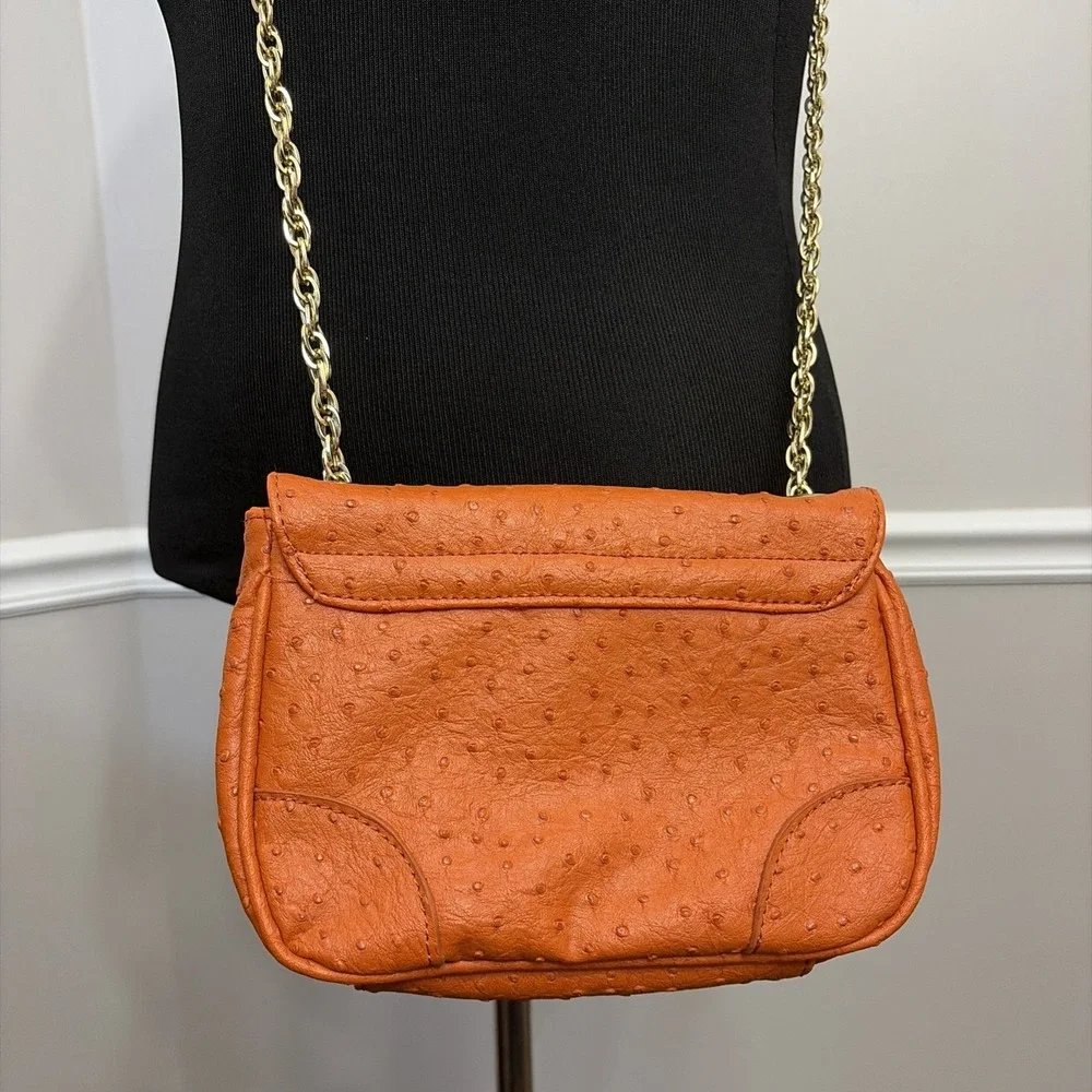 Chico's Bag Women's Orange Ostrich Textured Gold Chain Shoulder Handbag Purse